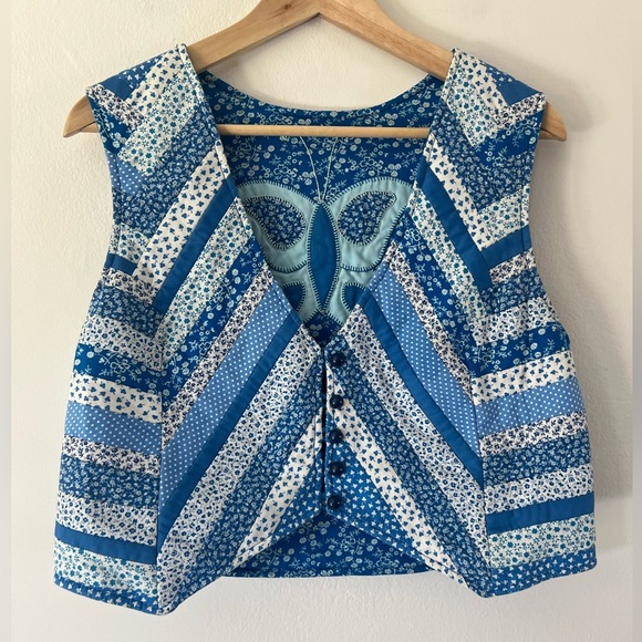 Vintage 70s Handmade Patchwork Floral Butterfly Reversible Button Front Vest - Picture 1 of 8